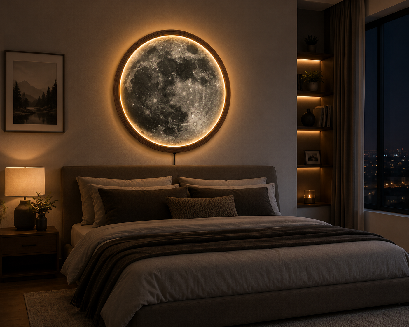 Moon LED Wall Art, Full Moon Lighted Wall Decor, Round Lunar Wall Lamp, Wooden Frame Celestial Wall Hanging, Bedroom Living Room Decor