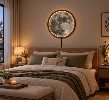 Moon LED Wall Art, Full Moon Lighted Wall Decor, Round Lunar Wall Lamp, Wooden Frame Celestial Wall Hanging, Bedroom Living Room Decor