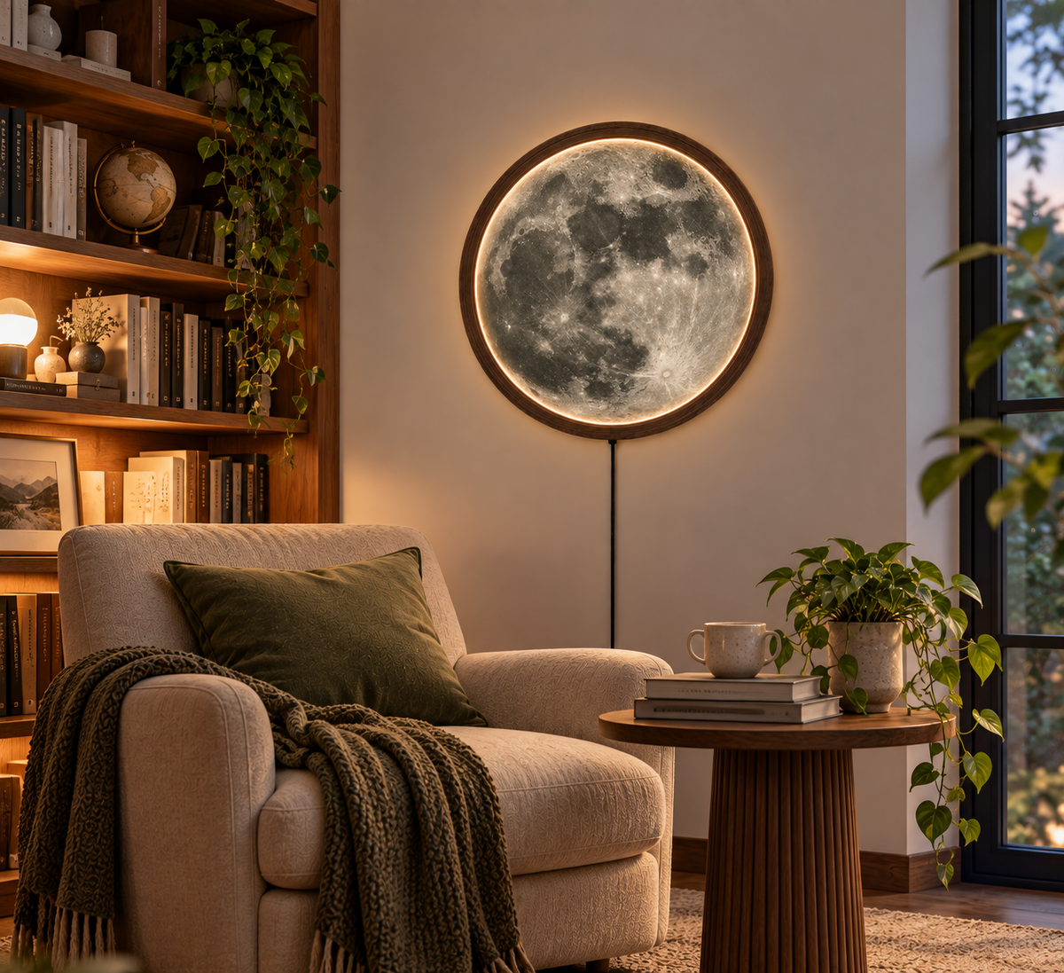 Moon LED Wall Art, Full Moon Lighted Wall Decor, Round Lunar Wall Lamp, Wooden Frame Celestial Wall Hanging, Bedroom Living Room Decor