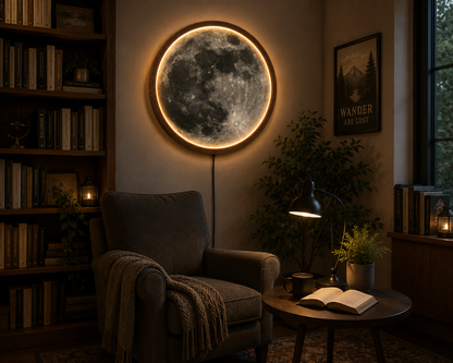 Moon LED Wall Art, Full Moon Lighted Wall Decor, Round Lunar Wall Lamp, Wooden Frame Celestial Wall Hanging, Bedroom Living Room Decor