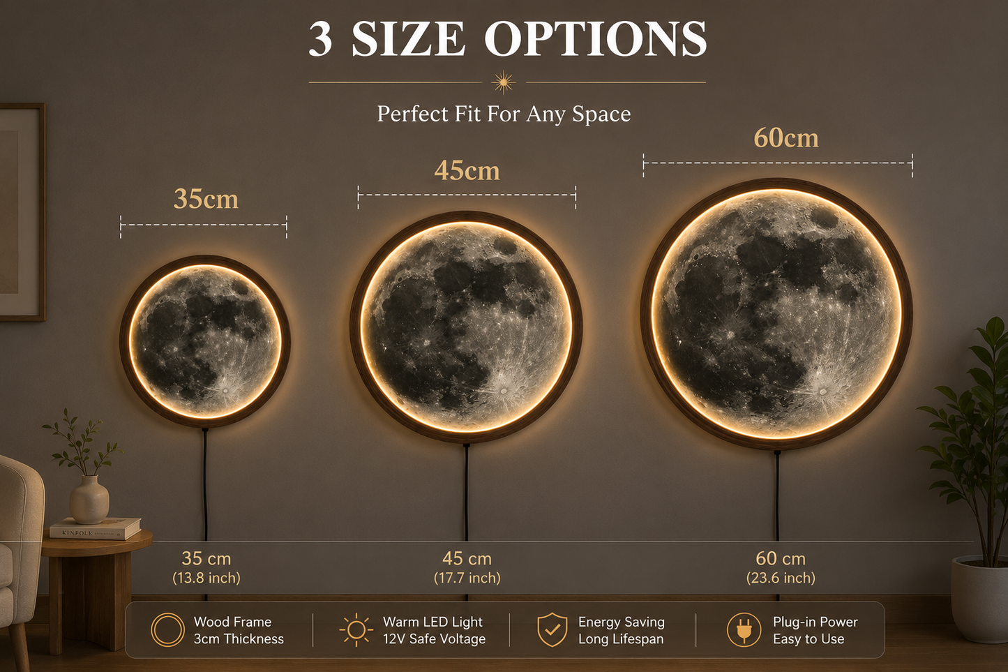 Moon LED Wall Art, Full Moon Lighted Wall Decor, Round Lunar Wall Lamp, Wooden Frame Celestial Wall Hanging, Bedroom Living Room Decor