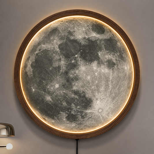 Moon LED Wall Art, Full Moon Lighted Wall Decor, Round Lunar Wall Lamp, Wooden Frame Celestial Wall Hanging, Bedroom Living Room Decor