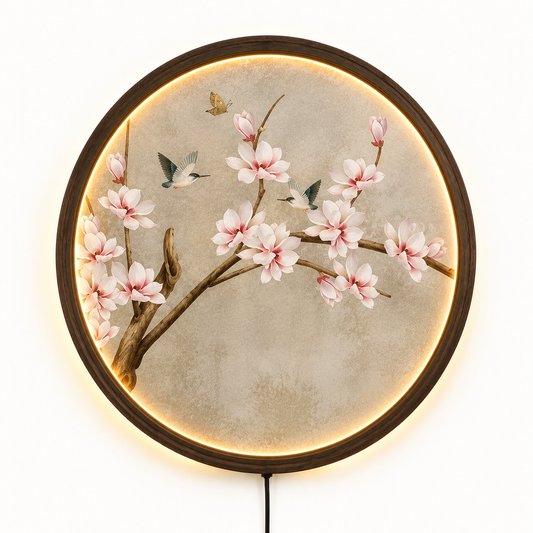 Magnolia LED Wall Art, Round Lighted Wall Decor, Cherry Blossom Wall Hanging, Floral Wooden Frame Lamp, Living Room Bedroom Home Decor
