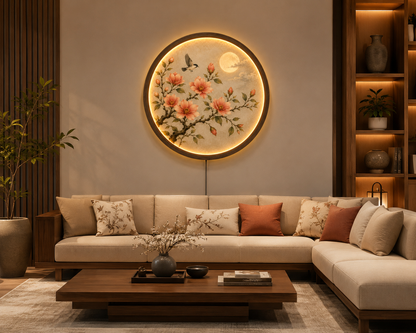Floral LED Wall Art, Round Botanical Wall Decor, Lighted Flower Wall Hanging, Moon & Bird Wooden Frame Lamp, Living Room Bedroom Decor