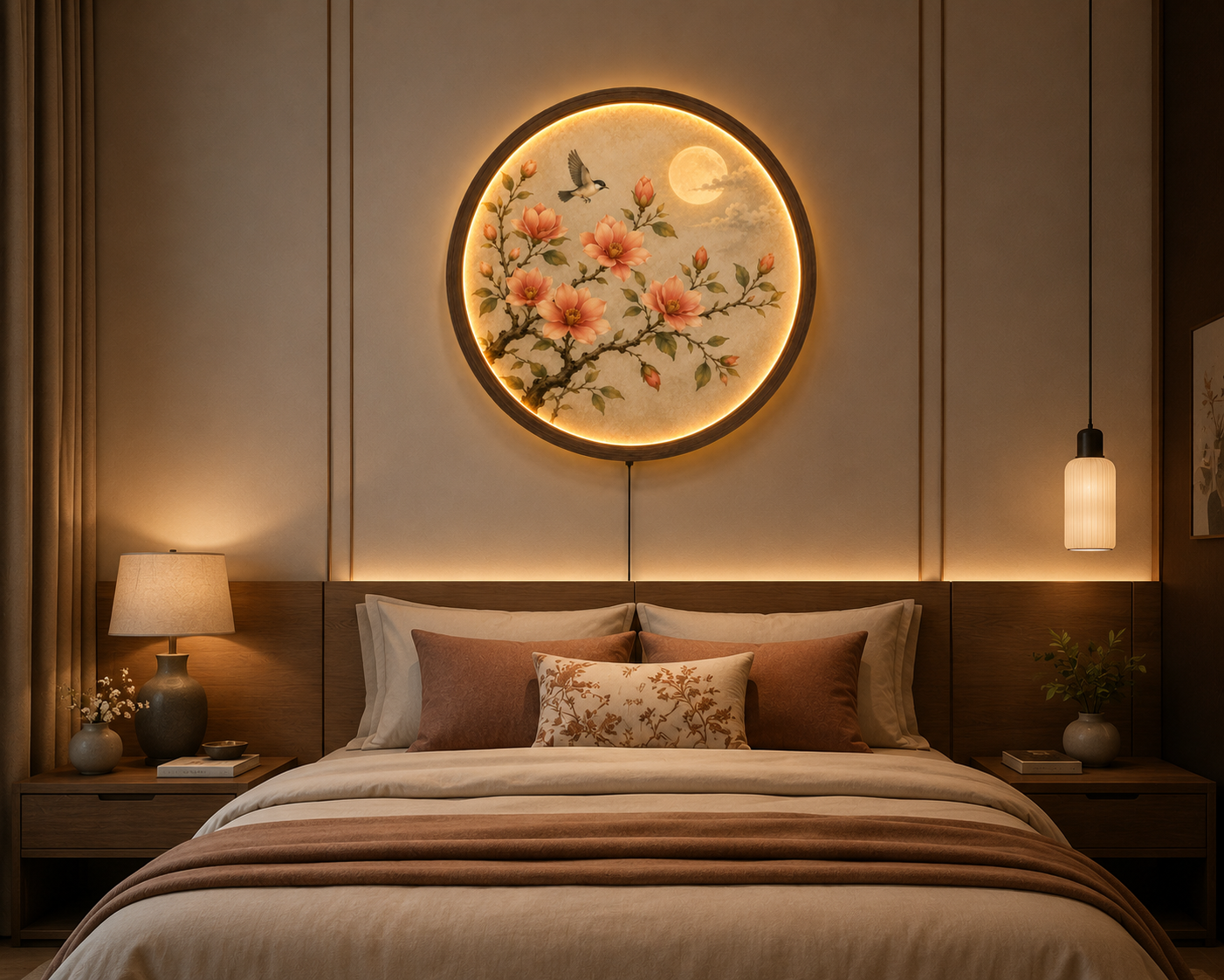 Floral LED Wall Art, Round Botanical Wall Decor, Lighted Flower Wall Hanging, Moon & Bird Wooden Frame Lamp, Living Room Bedroom Decor