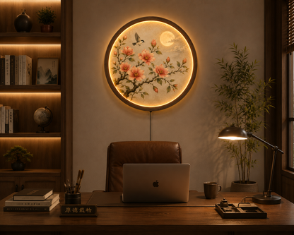 Floral LED Wall Art, Round Botanical Wall Decor, Lighted Flower Wall Hanging, Moon & Bird Wooden Frame Lamp, Living Room Bedroom Decor