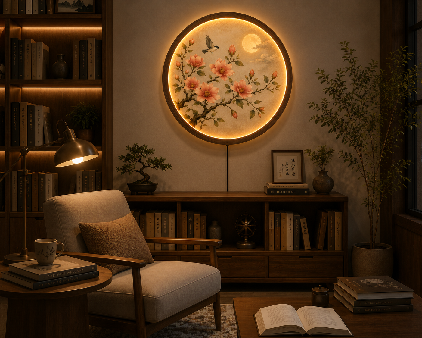 Floral LED Wall Art, Round Botanical Wall Decor, Lighted Flower Wall Hanging, Moon & Bird Wooden Frame Lamp, Living Room Bedroom Decor