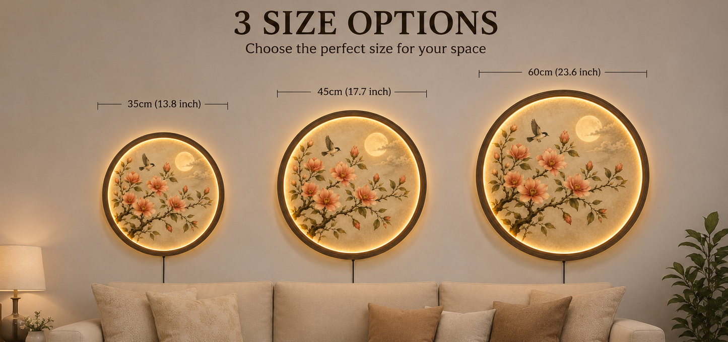 Floral LED Wall Art, Round Botanical Wall Decor, Lighted Flower Wall Hanging, Moon & Bird Wooden Frame Lamp, Living Room Bedroom Decor