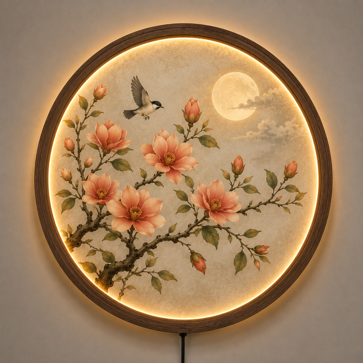 Floral LED Wall Art, Round Botanical Wall Decor, Lighted Flower Wall Hanging, Moon & Bird Wooden Frame Lamp, Living Room Bedroom Decor