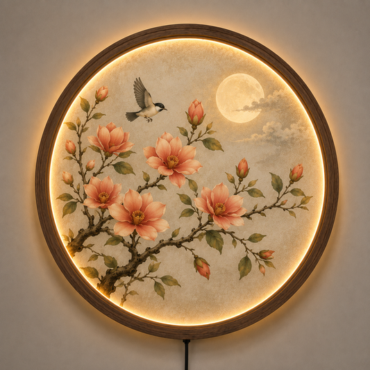 Floral LED Wall Art, Round Botanical Wall Decor, Lighted Flower Wall Hanging, Moon & Bird Wooden Frame Lamp, Living Room Bedroom Decor
