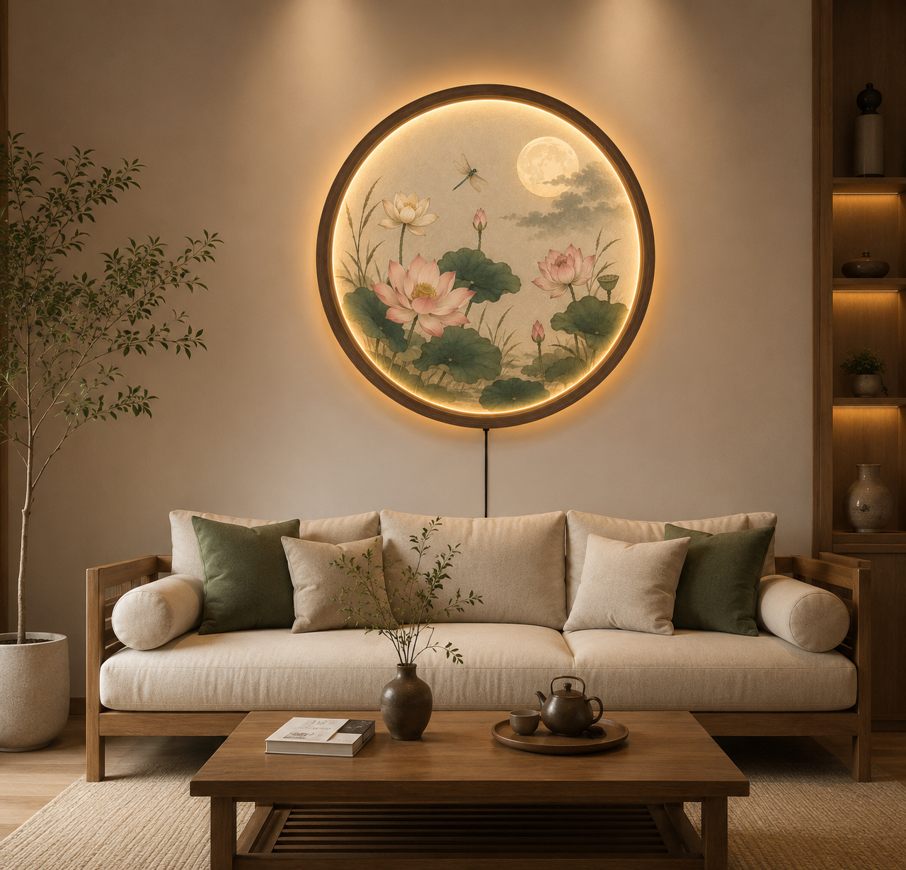 Lotus Flower LED Wall Art, Round Moon Wall Decor, Lighted Nature Wall Hanging, Wooden Frame Acrylic Wall Art, Zen Living Room Bedroom Decor