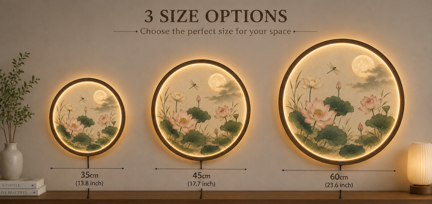 Lotus Flower LED Wall Art, Round Moon Wall Decor, Lighted Nature Wall Hanging, Wooden Frame Acrylic Wall Art, Zen Living Room Bedroom Decor