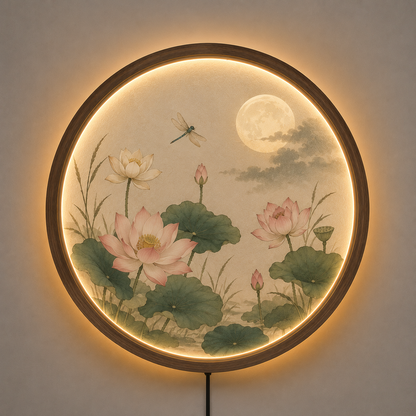 Lotus Flower LED Wall Art, Round Moon Wall Decor, Lighted Nature Wall Hanging, Wooden Frame Acrylic Wall Art, Zen Living Room Bedroom Decor