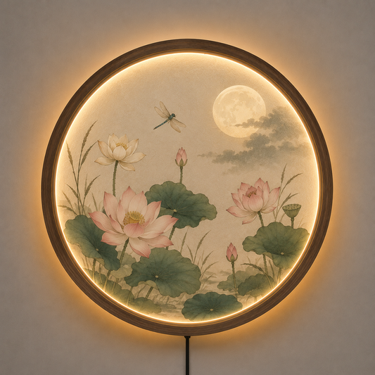 Lotus Flower LED Wall Art, Round Moon Wall Decor, Lighted Nature Wall Hanging, Wooden Frame Acrylic Wall Art, Zen Living Room Bedroom Decor