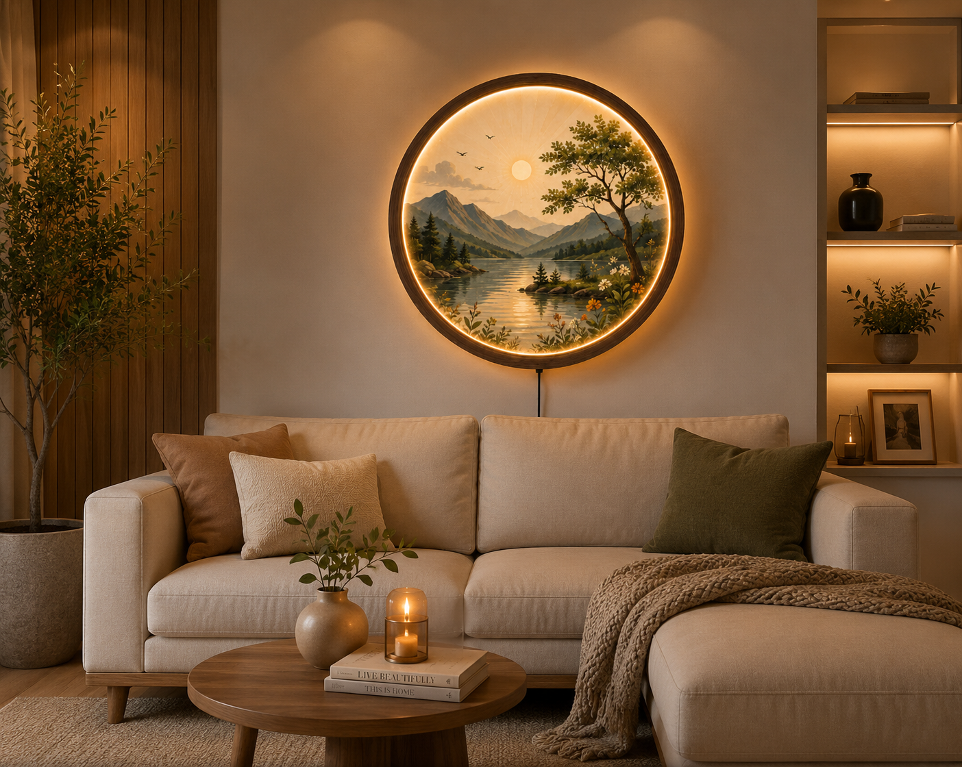 Mountain Lake LED Wall Art, Round Lighted Wall Decor, Nature Landscape Wall Lamp, Wooden Frame Acrylic Art, Rustic Cabin Decor, Living Room Gift