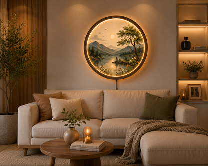Mountain Lake LED Wall Art, Round Lighted Wall Decor, Nature Landscape Wall Lamp, Wooden Frame Acrylic Art, Rustic Cabin Decor, Living Room Gift