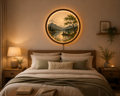 Mountain Lake LED Wall Art, Round Lighted Wall Decor, Nature Landscape Wall Lamp, Wooden Frame Acrylic Art, Rustic Cabin Decor, Living Room Gift