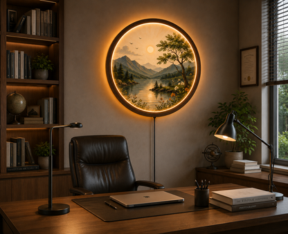 Mountain Lake LED Wall Art, Round Lighted Wall Decor, Nature Landscape Wall Lamp, Wooden Frame Acrylic Art, Rustic Cabin Decor, Living Room Gift