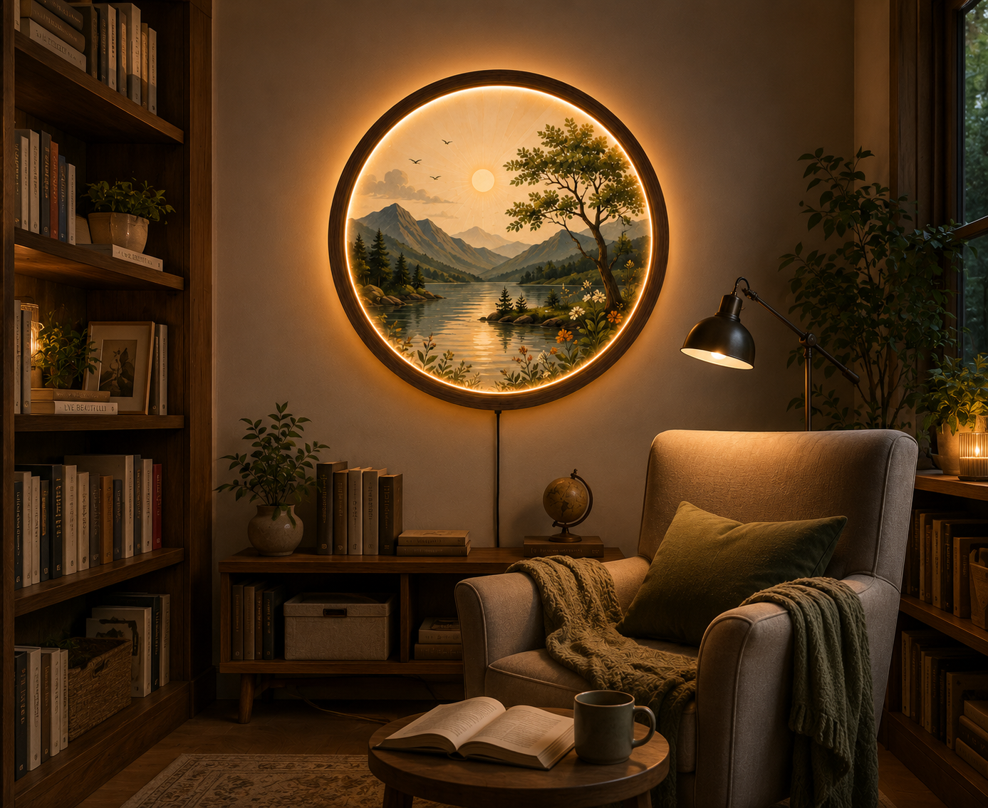 Mountain Lake LED Wall Art, Round Lighted Wall Decor, Nature Landscape Wall Lamp, Wooden Frame Acrylic Art, Rustic Cabin Decor, Living Room Gift