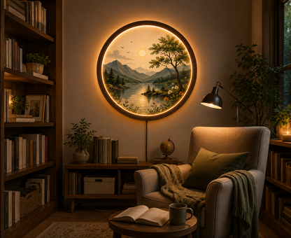 Mountain Lake LED Wall Art, Round Lighted Wall Decor, Nature Landscape Wall Lamp, Wooden Frame Acrylic Art, Rustic Cabin Decor, Living Room Gift