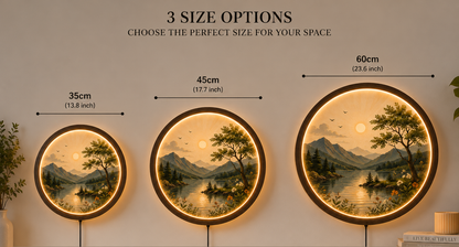 Mountain Lake LED Wall Art, Round Lighted Wall Decor, Nature Landscape Wall Lamp, Wooden Frame Acrylic Art, Rustic Cabin Decor, Living Room Gift