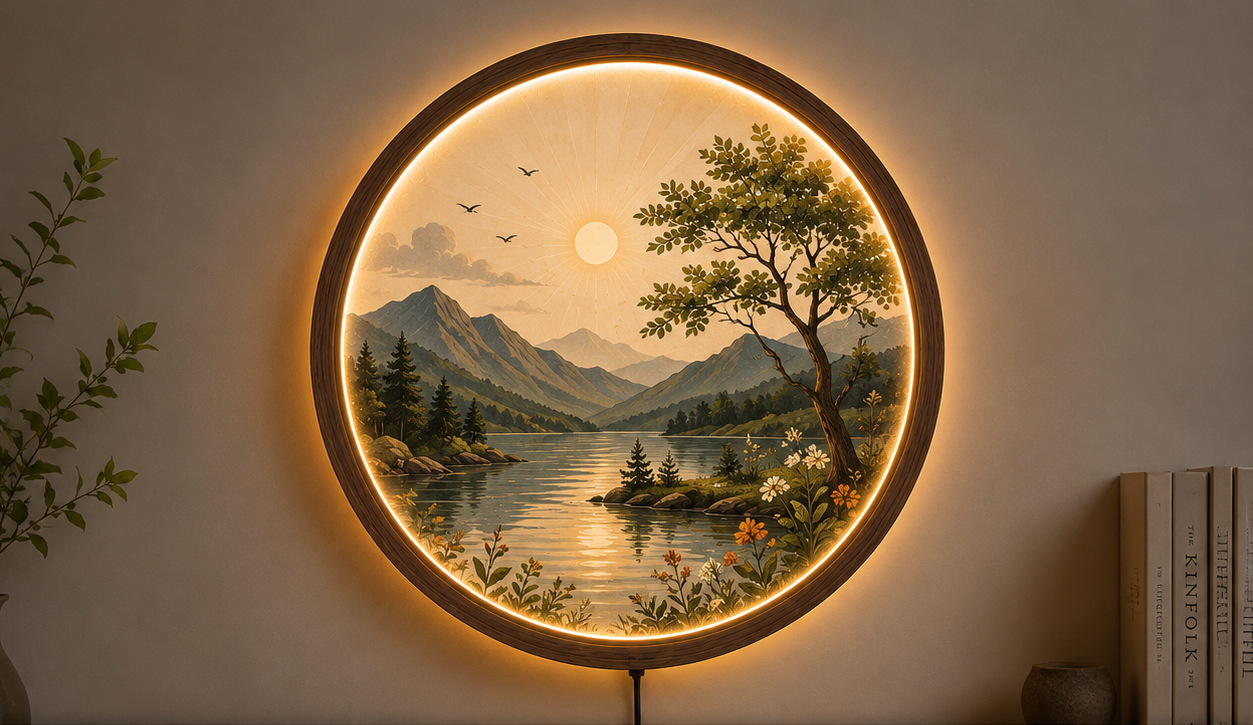 Mountain Lake LED Wall Art, Round Lighted Wall Decor, Nature Landscape Wall Lamp, Wooden Frame Acrylic Art, Rustic Cabin Decor, Living Room Gift