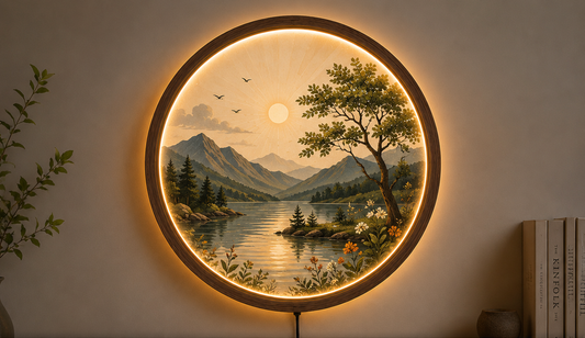Mountain Lake LED Wall Art, Round Lighted Wall Decor, Nature Landscape Wall Lamp, Wooden Frame Acrylic Art, Rustic Cabin Decor, Living Room Gift