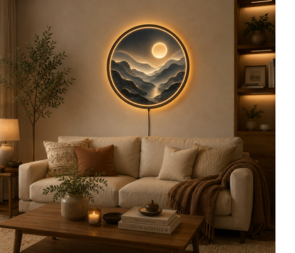Abstract Mountain LED Wall Art, Round Moon Landscape Light, Modern Acrylic Wall Decor, Nordic Mountain Lamp, Minimalist Home Gift