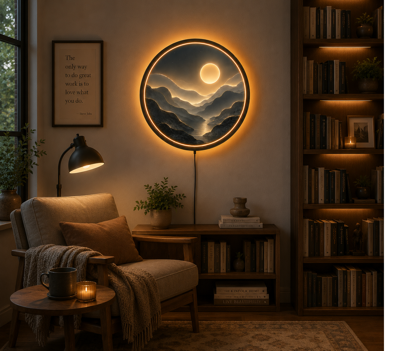 Abstract Mountain LED Wall Art, Round Moon Landscape Light, Modern Acrylic Wall Decor, Nordic Mountain Lamp, Minimalist Home Gift