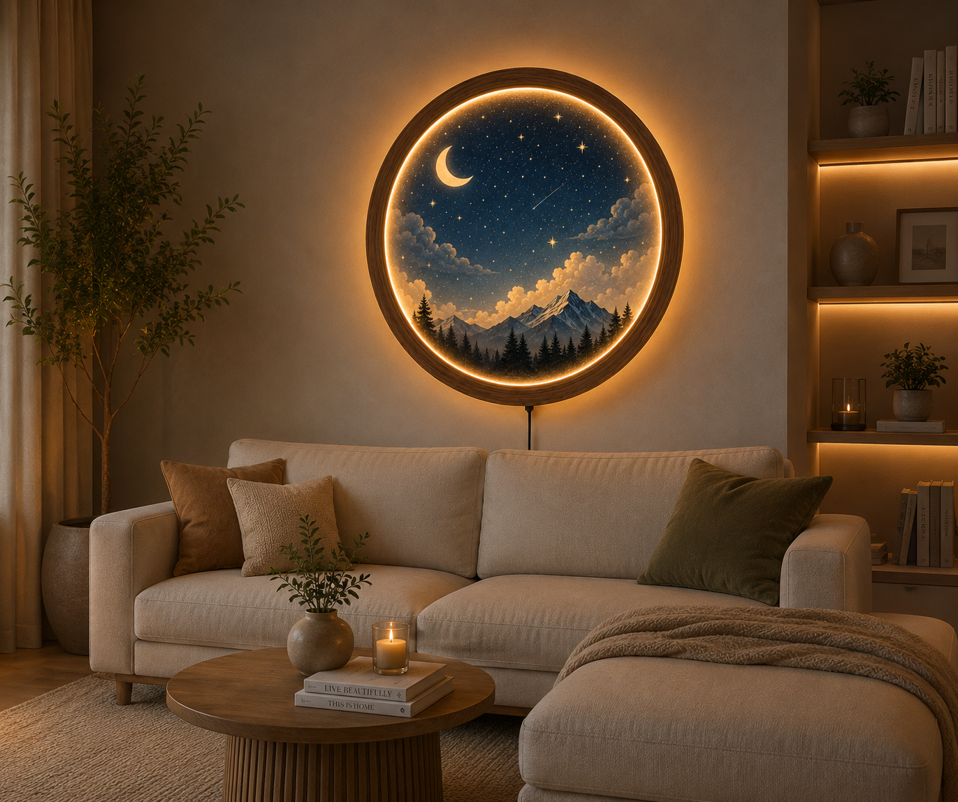 Moon LED Wall Art, Round Night Sky Wall Decor, Mountain Landscape Lighted Wall Hanging, Wooden Frame Acrylic Wall Art, Bedroom Living Room Decor