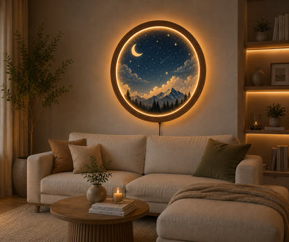 Moon LED Wall Art, Round Night Sky Wall Decor, Mountain Landscape Lighted Wall Hanging, Wooden Frame Acrylic Wall Art, Bedroom Living Room Decor