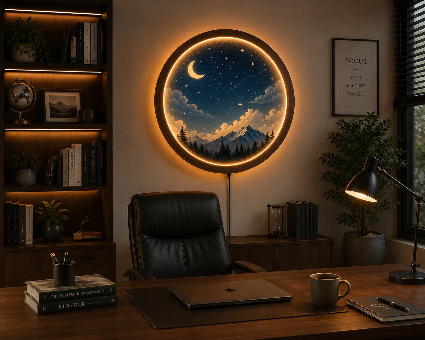 Moon LED Wall Art, Round Night Sky Wall Decor, Mountain Landscape Lighted Wall Hanging, Wooden Frame Acrylic Wall Art, Bedroom Living Room Decor