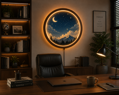 Moon LED Wall Art, Round Night Sky Wall Decor, Mountain Landscape Lighted Wall Hanging, Wooden Frame Acrylic Wall Art, Bedroom Living Room Decor