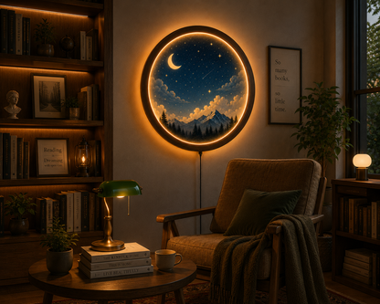 Moon LED Wall Art, Round Night Sky Wall Decor, Mountain Landscape Lighted Wall Hanging, Wooden Frame Acrylic Wall Art, Bedroom Living Room Decor