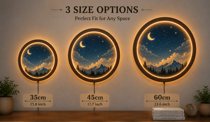 Moon LED Wall Art, Round Night Sky Wall Decor, Mountain Landscape Lighted Wall Hanging, Wooden Frame Acrylic Wall Art, Bedroom Living Room Decor