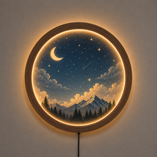 Moon LED Wall Art, Round Night Sky Wall Decor, Mountain Landscape Lighted Wall Hanging, Wooden Frame Acrylic Wall Art, Bedroom Living Room Decor