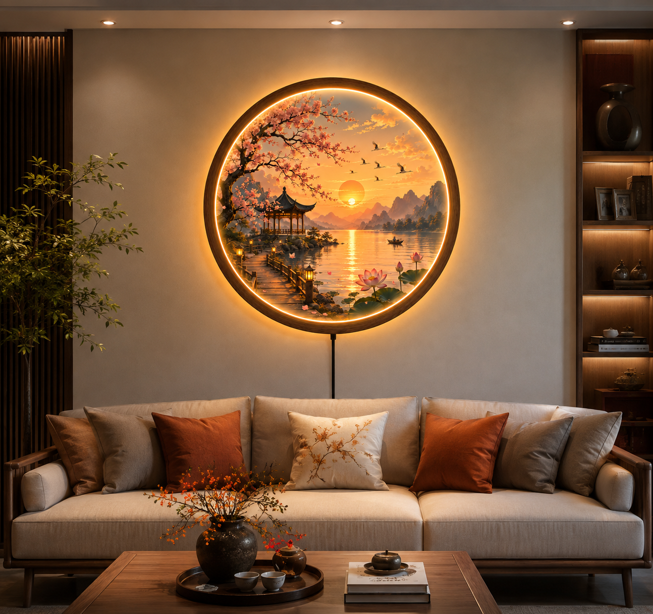Cherry Blossom LED Wall Art, Round Sunset Lake Landscape Light, Japanese Sakura Decor, Lotus Lake Wall Lamp, Asian Nature Home Decor, Illuminated Wall Hanging