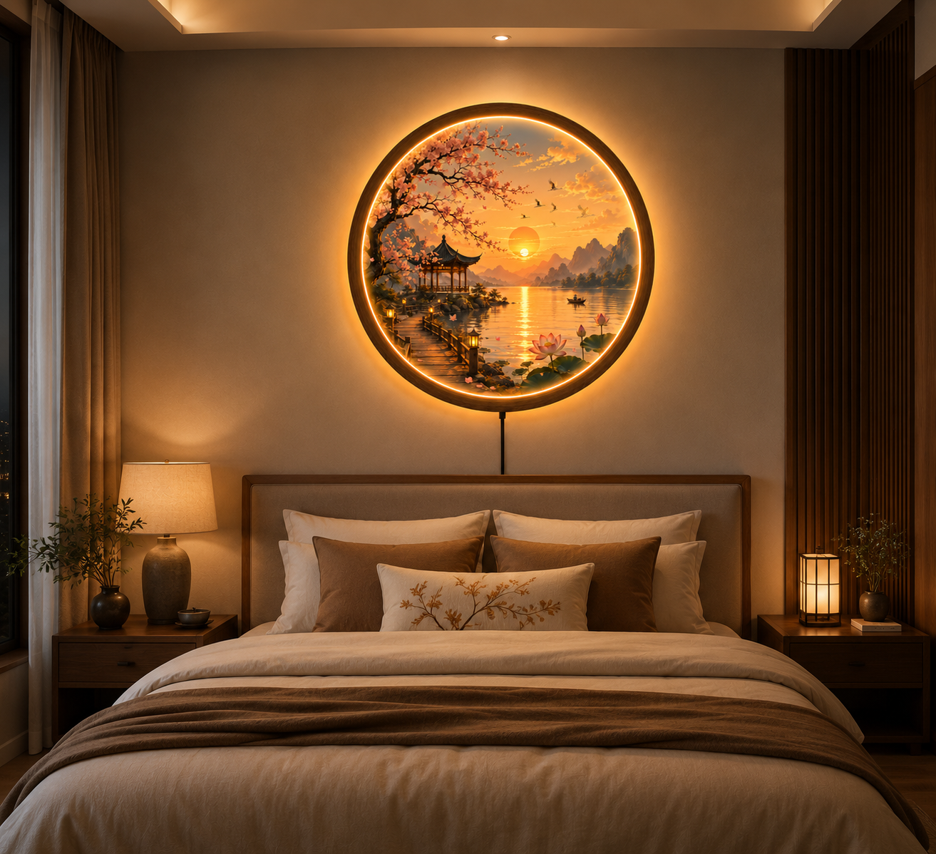 Cherry Blossom LED Wall Art, Round Sunset Lake Landscape Light, Japanese Sakura Decor, Lotus Lake Wall Lamp, Asian Nature Home Decor, Illuminated Wall Hanging