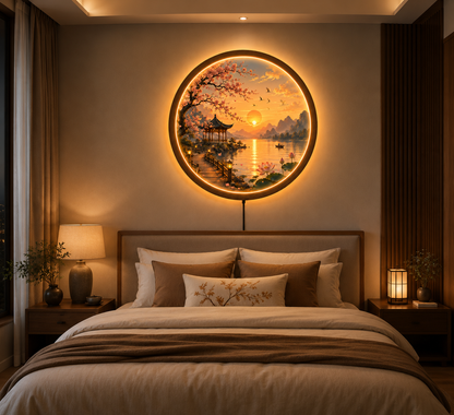 Cherry Blossom LED Wall Art, Round Sunset Lake Landscape Light, Japanese Sakura Decor, Lotus Lake Wall Lamp, Asian Nature Home Decor, Illuminated Wall Hanging