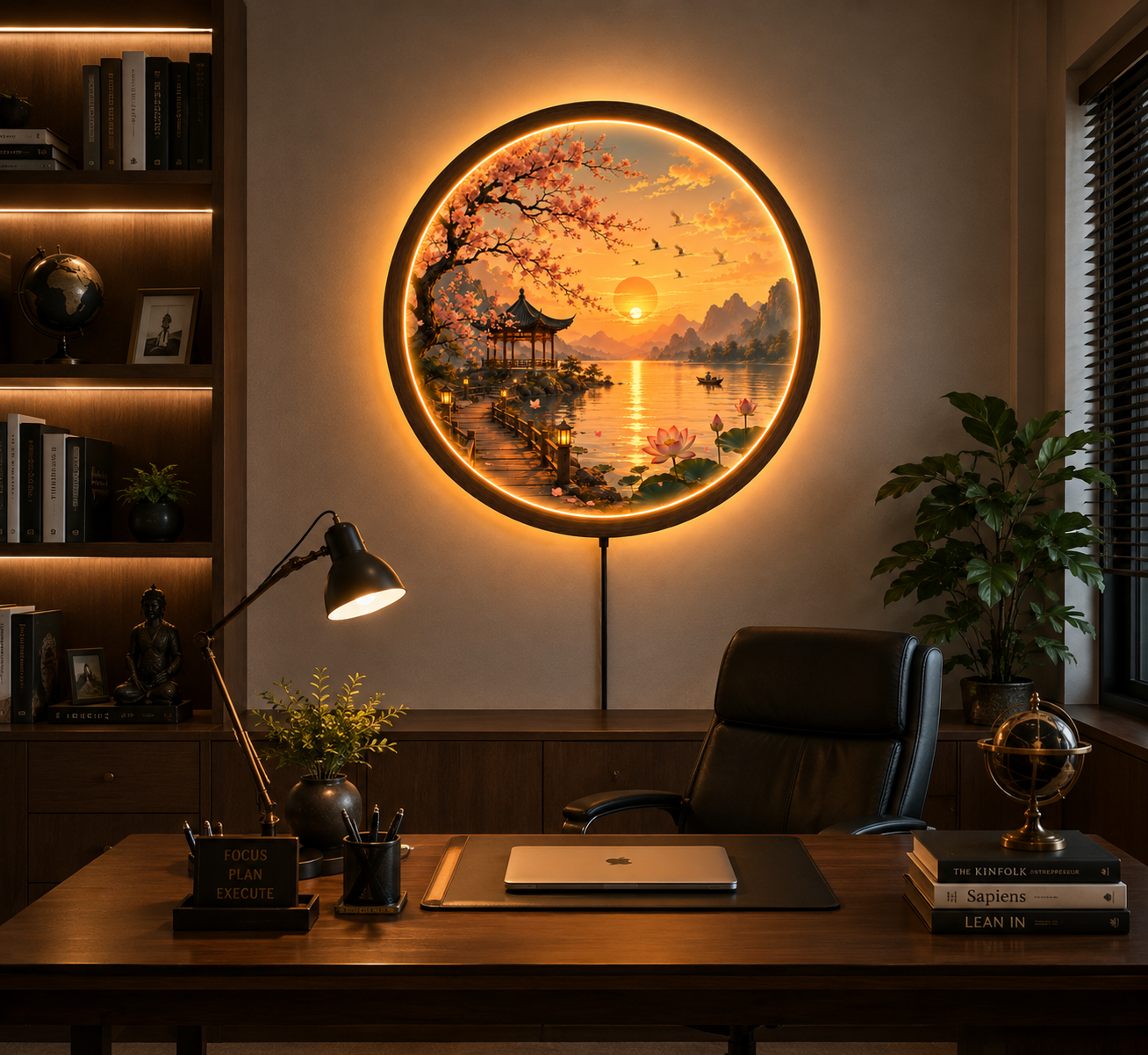 Cherry Blossom LED Wall Art, Round Sunset Lake Landscape Light, Japanese Sakura Decor, Lotus Lake Wall Lamp, Asian Nature Home Decor, Illuminated Wall Hanging