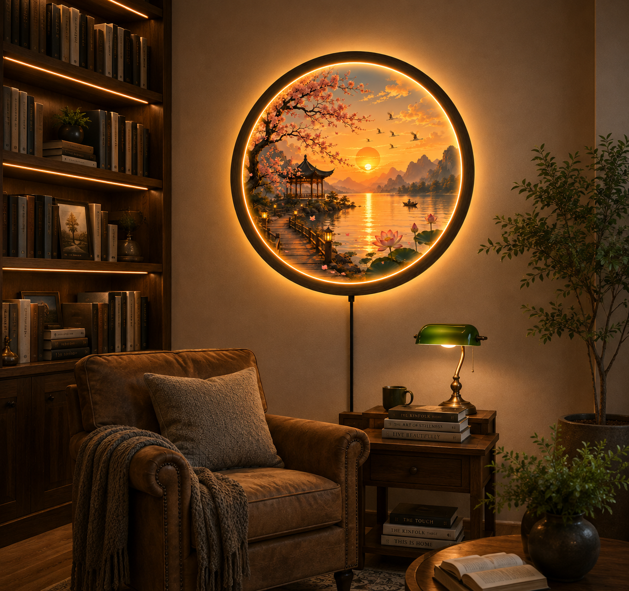 Cherry Blossom LED Wall Art, Round Sunset Lake Landscape Light, Japanese Sakura Decor, Lotus Lake Wall Lamp, Asian Nature Home Decor, Illuminated Wall Hanging