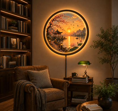 Cherry Blossom LED Wall Art, Round Sunset Lake Landscape Light, Japanese Sakura Decor, Lotus Lake Wall Lamp, Asian Nature Home Decor, Illuminated Wall Hanging