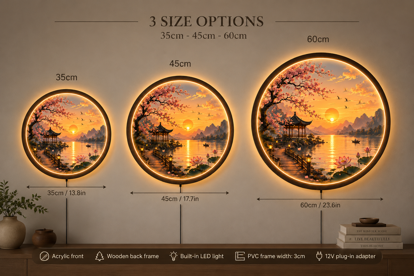 Cherry Blossom LED Wall Art, Round Sunset Lake Landscape Light, Japanese Sakura Decor, Lotus Lake Wall Lamp, Asian Nature Home Decor, Illuminated Wall Hanging