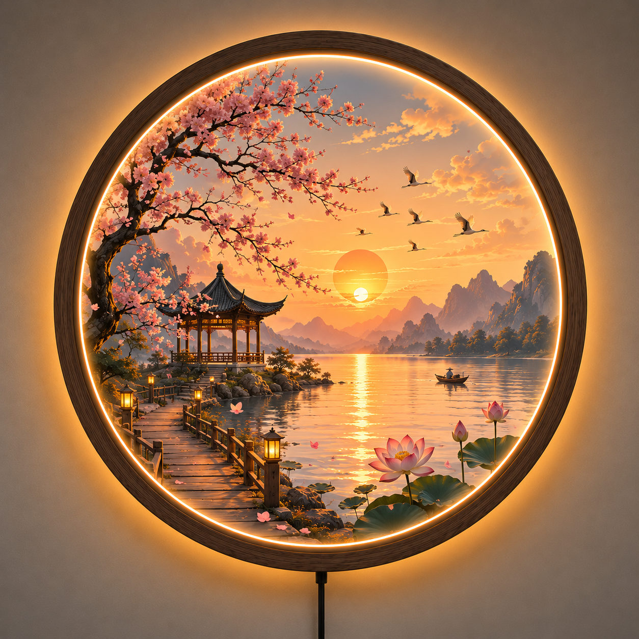 Cherry Blossom LED Wall Art, Round Sunset Lake Landscape Light, Japanese Sakura Decor, Lotus Lake Wall Lamp, Asian Nature Home Decor, Illuminated Wall Hanging