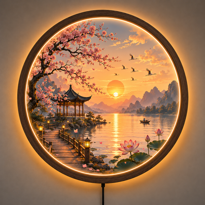 Cherry Blossom LED Wall Art, Round Sunset Lake Landscape Light, Japanese Sakura Decor, Lotus Lake Wall Lamp, Asian Nature Home Decor, Illuminated Wall Hanging