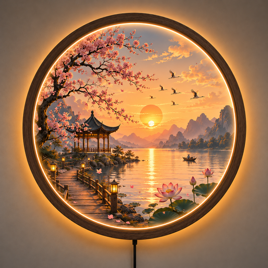 Cherry Blossom LED Wall Art, Round Sunset Lake Landscape Light, Japanese Sakura Decor, Lotus Lake Wall Lamp, Asian Nature Home Decor, Illuminated Wall Hanging