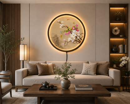 Magnolia Blossom LED Wall Art, Round Floral Lighted Wall Decor, Asian Botanical Wall Lamp, Japanese Flower Art, Illuminated Home Decor Gift