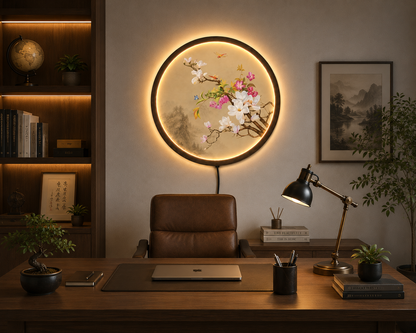 Magnolia Blossom LED Wall Art, Round Floral Lighted Wall Decor, Asian Botanical Wall Lamp, Japanese Flower Art, Illuminated Home Decor Gift