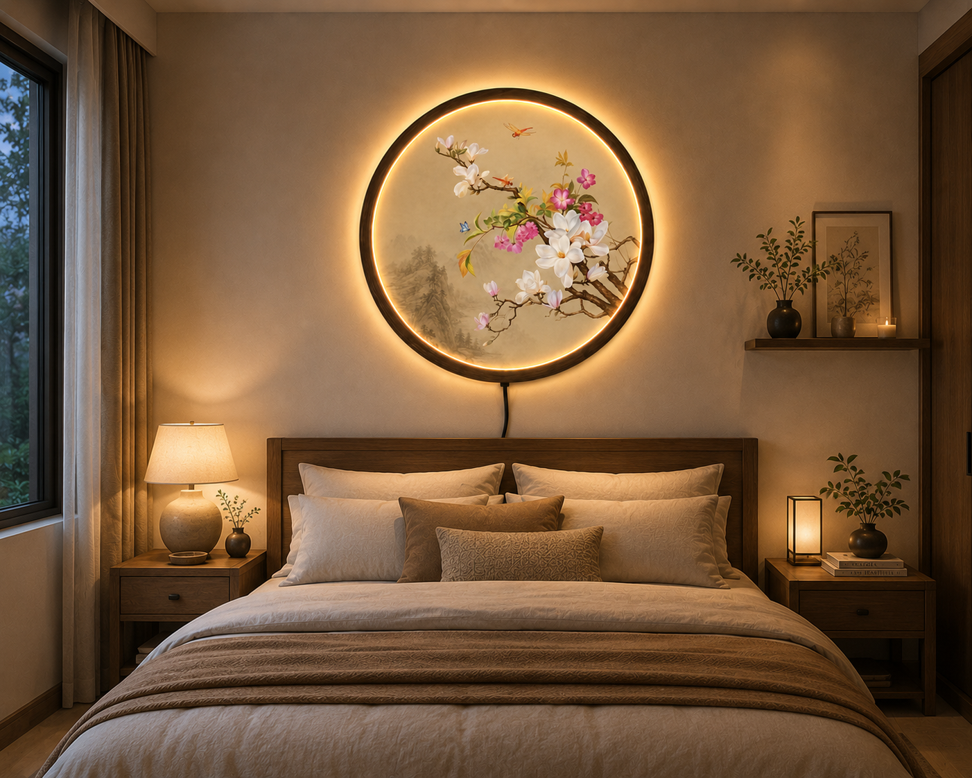 Magnolia Blossom LED Wall Art, Round Floral Lighted Wall Decor, Asian Botanical Wall Lamp, Japanese Flower Art, Illuminated Home Decor Gift