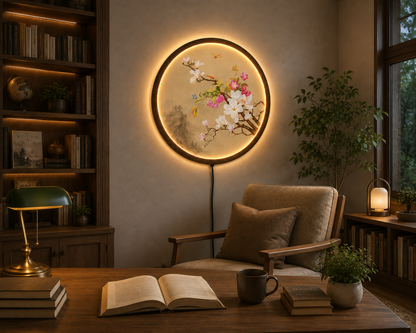 Magnolia Blossom LED Wall Art, Round Floral Lighted Wall Decor, Asian Botanical Wall Lamp, Japanese Flower Art, Illuminated Home Decor Gift